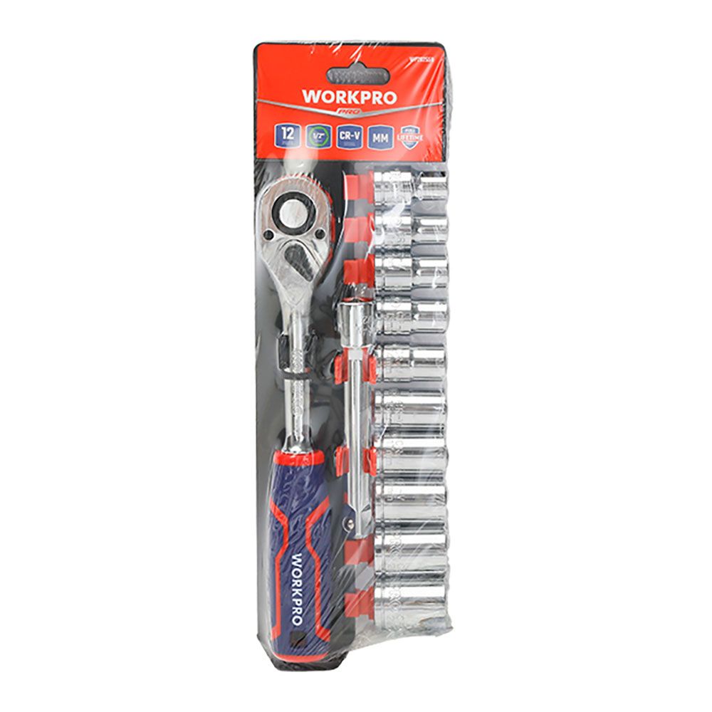 Llave de carraca y vasos ½ pulg, acabado brillo, juego de 12 piezas, métrico