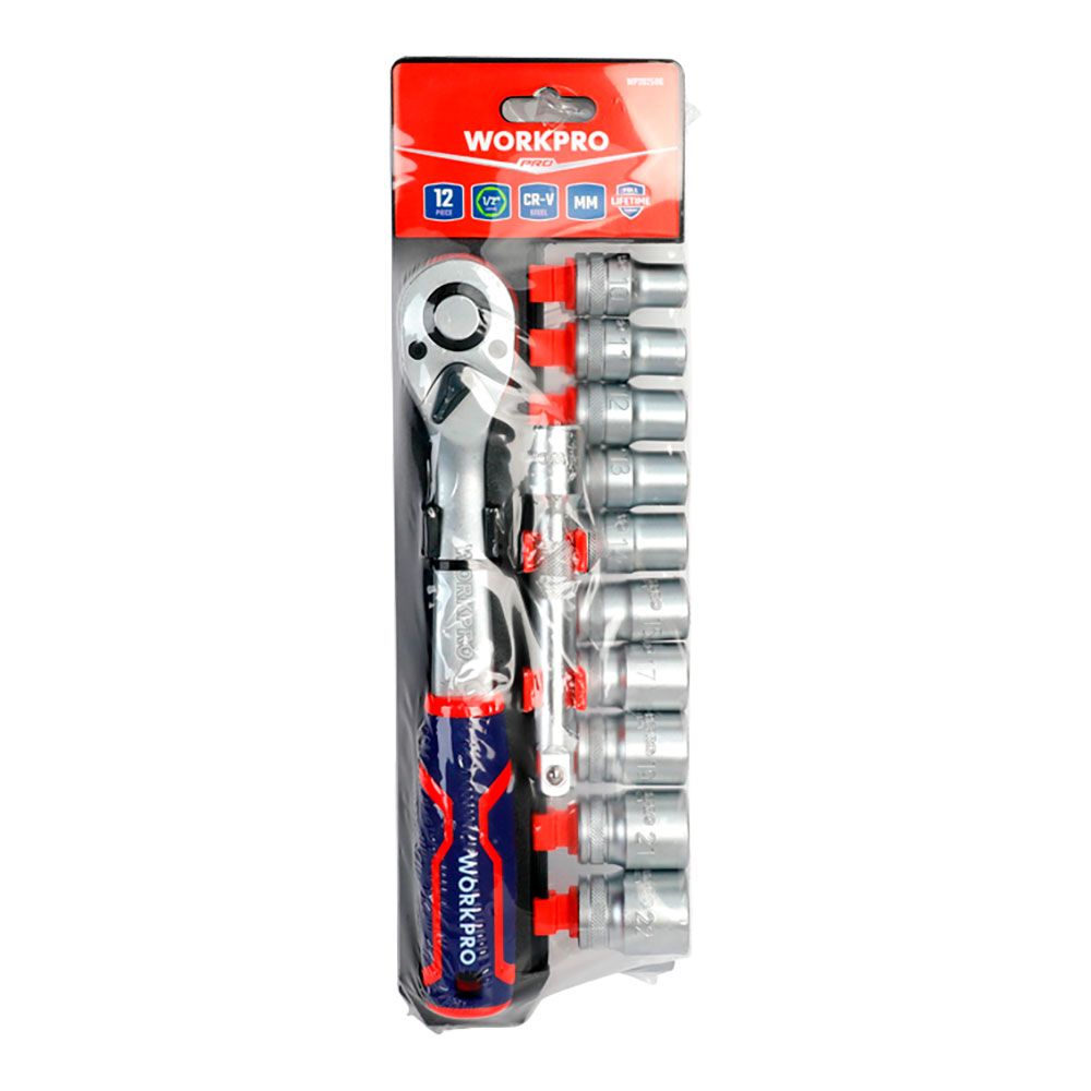 Llave de carraca y vasos ½ pulg, acabado mate, juego de 12 piezas, métrico