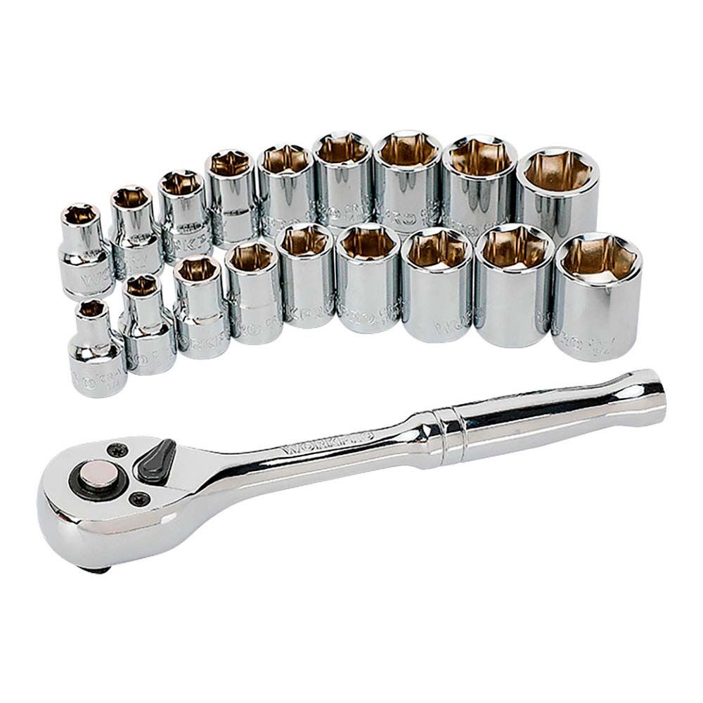 Llave de carraca y vasos 3/8 pulg, juego 19 piezas, métrico-sae