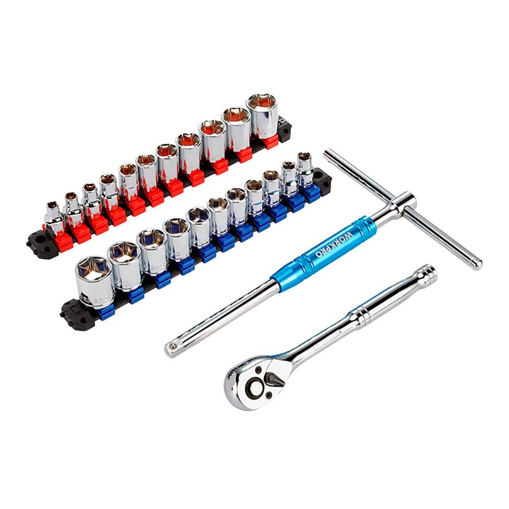 Llave de carraca y vasos 3/8 pulg, juego 24 piezas, métrico-sae