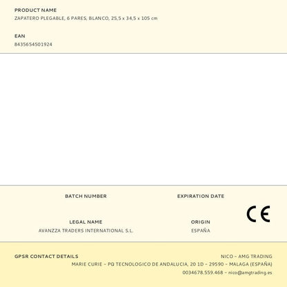 Zapatero plegable, 6 pares, blanco, 25,5 x 34,5 x 105 cm