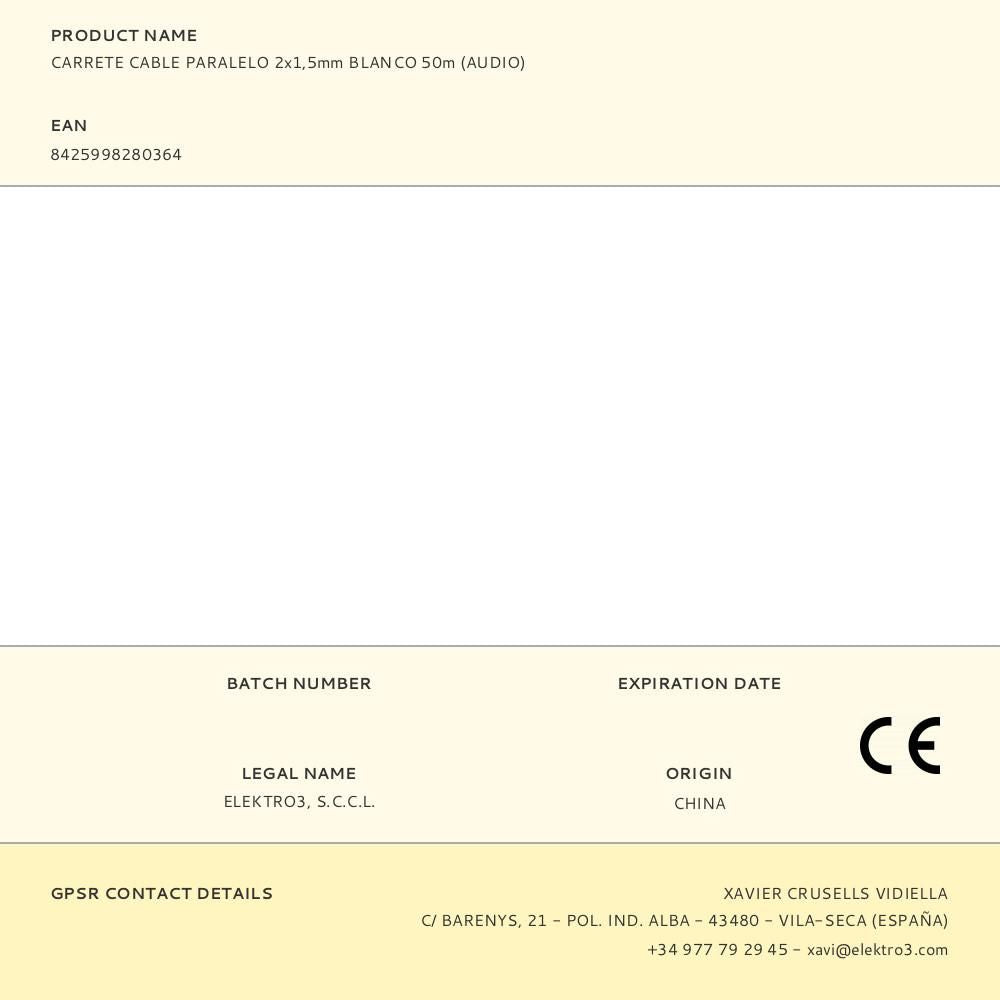 Carrete cable paralelo 2x1,5mm blanco 50m (audio)