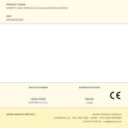 Carrete cable paralelo 2x1,5mm blanco 50m (audio)