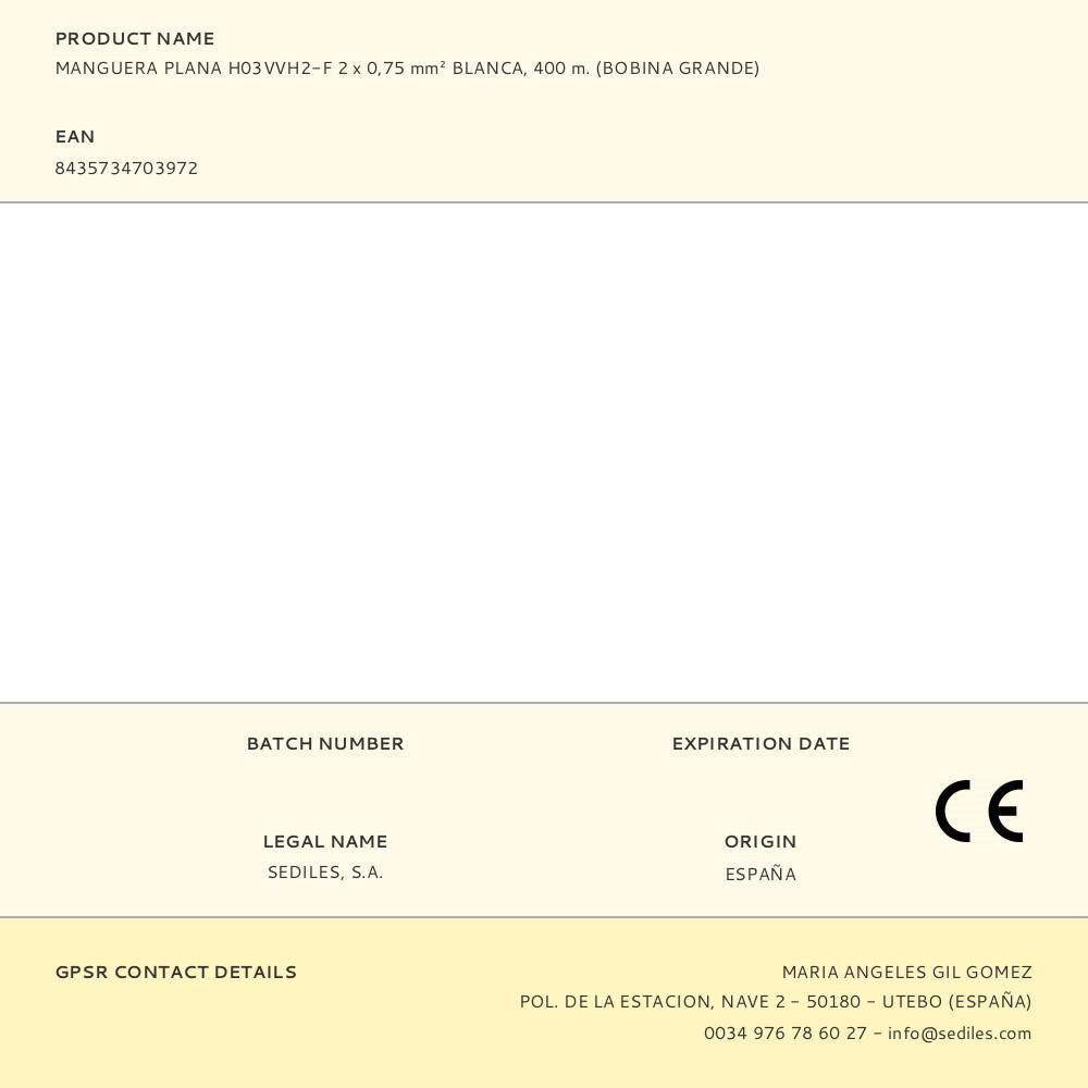 Manguera plana h03vvh2-f 2 x 0,75 mm² blanca, 400 m. (bobina grande)