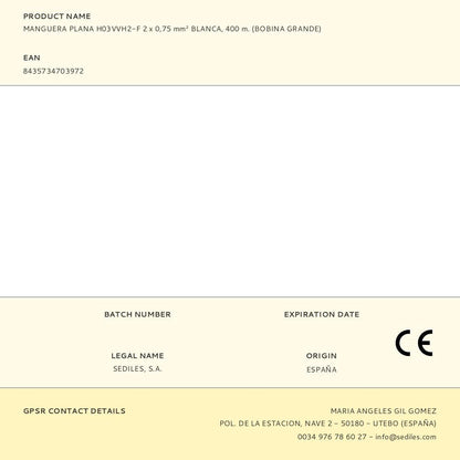 Manguera plana h03vvh2-f 2 x 0,75 mm² blanca, 400 m. (bobina grande)