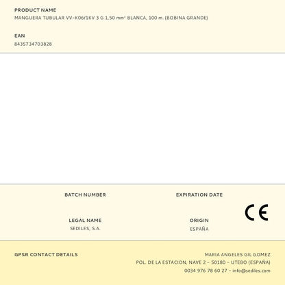 Manguera tubular vv-k06/1kv 3 g 1,50 mm² blanca, 100 m. (bobina grande)