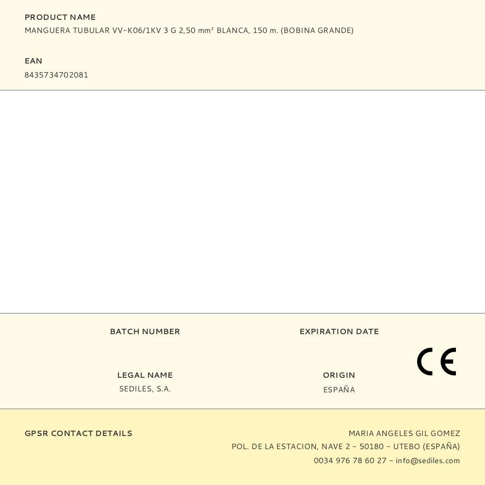Manguera tubular vv-k06/1kv 3 g 2,50 mm² blanca, 150 m. (bobina grande)