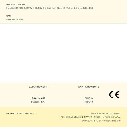 Manguera tubular vv-k06/1kv 3 g 2,50 mm² blanca, 150 m. (bobina grande)