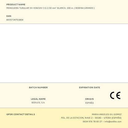 Manguera tubular vv-k06/1kv 3 g 2,50 mm² blanca, 100 m. ( bobina grande )