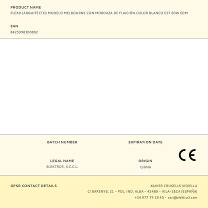Flexo (arquitecto) modelo melbourne con mordaza de fijación color blanco e27 60w edm
