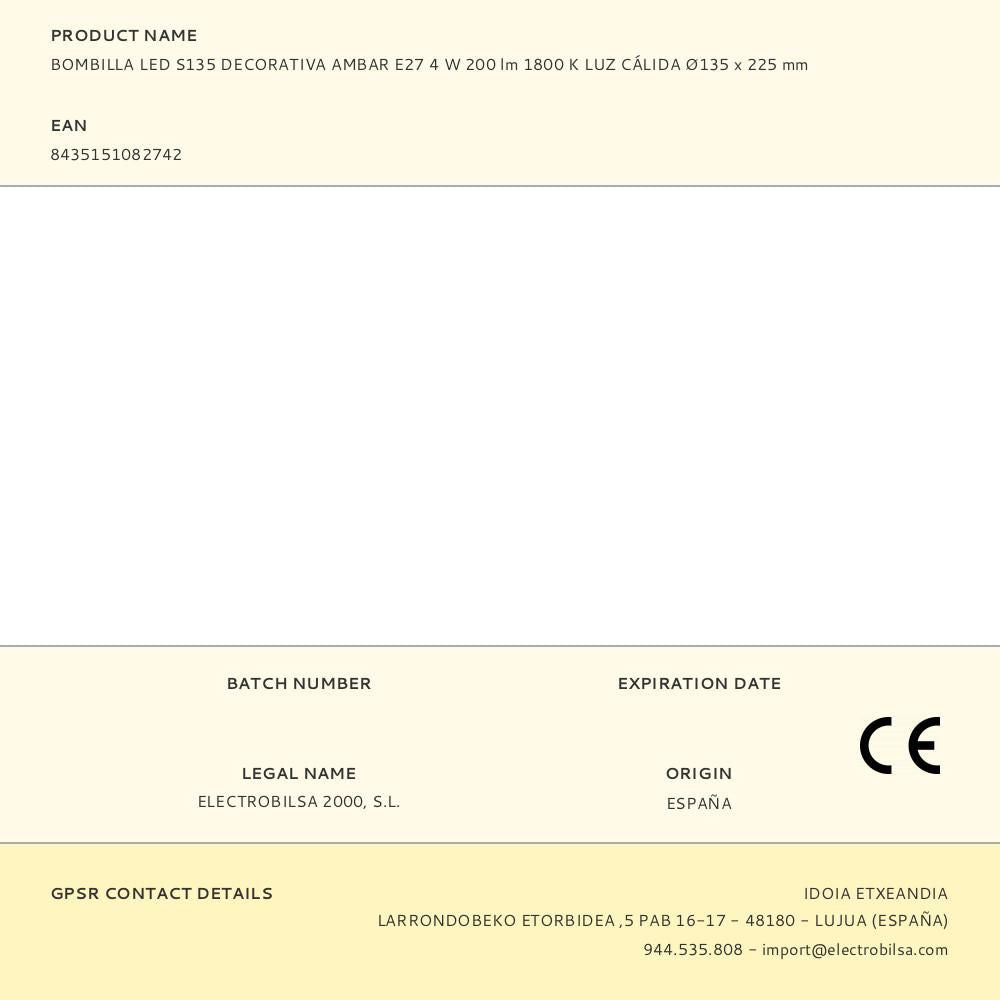 Bombilla led s135 decorativa ámbar, e27, 4 w, 200 lm, 1800 k, luz cálida, ø135 x 225 mm