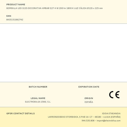 Bombilla led s135 decorativa ámbar, e27, 4 w, 200 lm, 1800 k, luz cálida, ø135 x 225 mm
