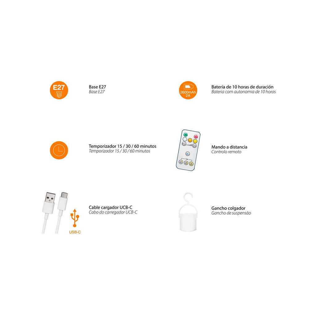 Bombilla led, recargable usb, e27, 6 w, 3cct, dimmable, 500 lm