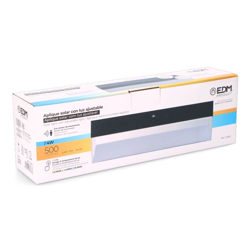 Aplique solar rectangular 4 w 500 lm, 3.000/4.000/6.500 k, 3cct, con sensor, negro