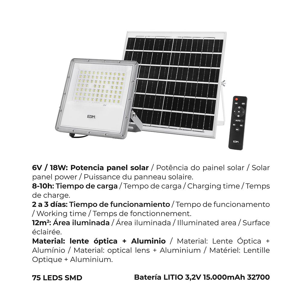 Foco proyector led solar 200 w 1500 lm 6500 k luz fría