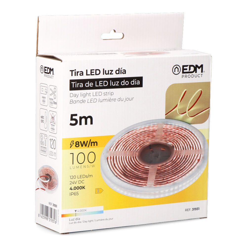 Tira led adhesiva 4.000k 8 w/m 100 lm/w 24 v dc ip65, 5 m x 10 mm luz dia