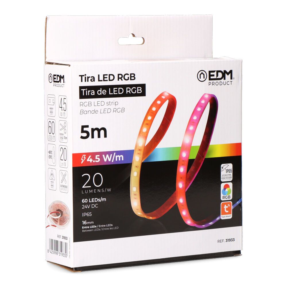 Tira led adhesiva 4,5 w/m 20 lm/w 24 v dc ip65, 5 m x 12 mm, rgb, multicolor, wifi tuya app