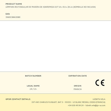Lámpara rectangular de madera de sobremesa e27 14 x 9.6 x 28 cm (bombilla no incuida)