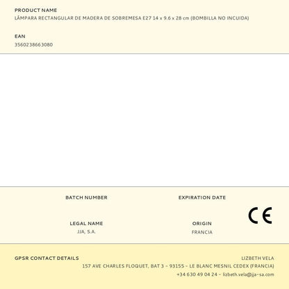 Lámpara rectangular de madera de sobremesa e27 14 x 9.6 x 28 cm (bombilla no incuida)
