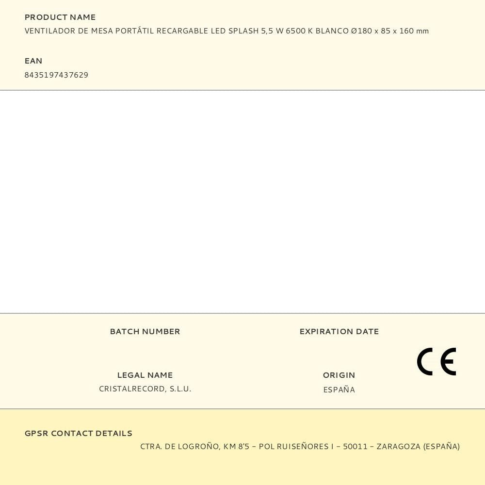 Ventilador de sobremesa recargable blanco led splash 5,5 w - 6500 k - ø180 x 85 x 160 mm