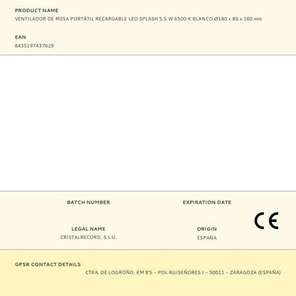 Ventilador de sobremesa recargable blanco led splash 5,5 w - 6500 k - ø180 x 85 x 160 mm