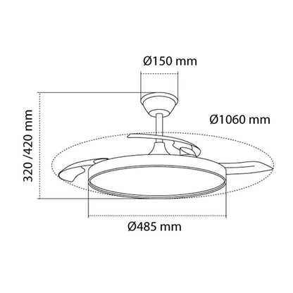 Ventilador de techo led 3cct aspas retráctiles polaris 43 w 4430 lm negro, aspas ø106 cm, plafón ø48,5 cm, altura 32 - 42 cm