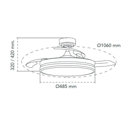 Ventilador de techo led 3cct aspas retráctiles moss 72 w 7920 lm níquel, aspas ø106 cm, plafón ø48,5 cm, altura 32 - 42 cm