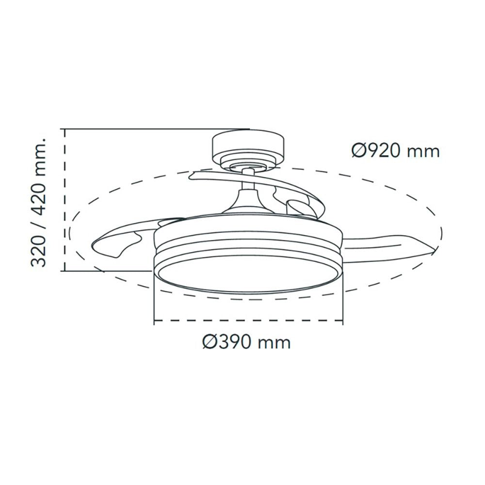 Ventilador de techo led 3cct aspas retráctiles moss mini 46 w 5520 lm negro, aspas ø92 cm, plafón ø39 cm, altura 32 - 42 cm