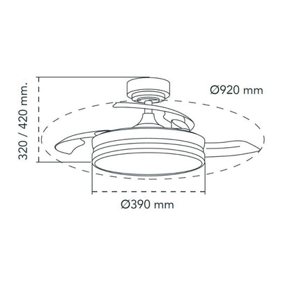 Ventilador de techo led 3cct aspas retráctiles moss mini 46 w 5520 lm negro, aspas ø92 cm, plafón ø39 cm, altura 32 - 42 cm
