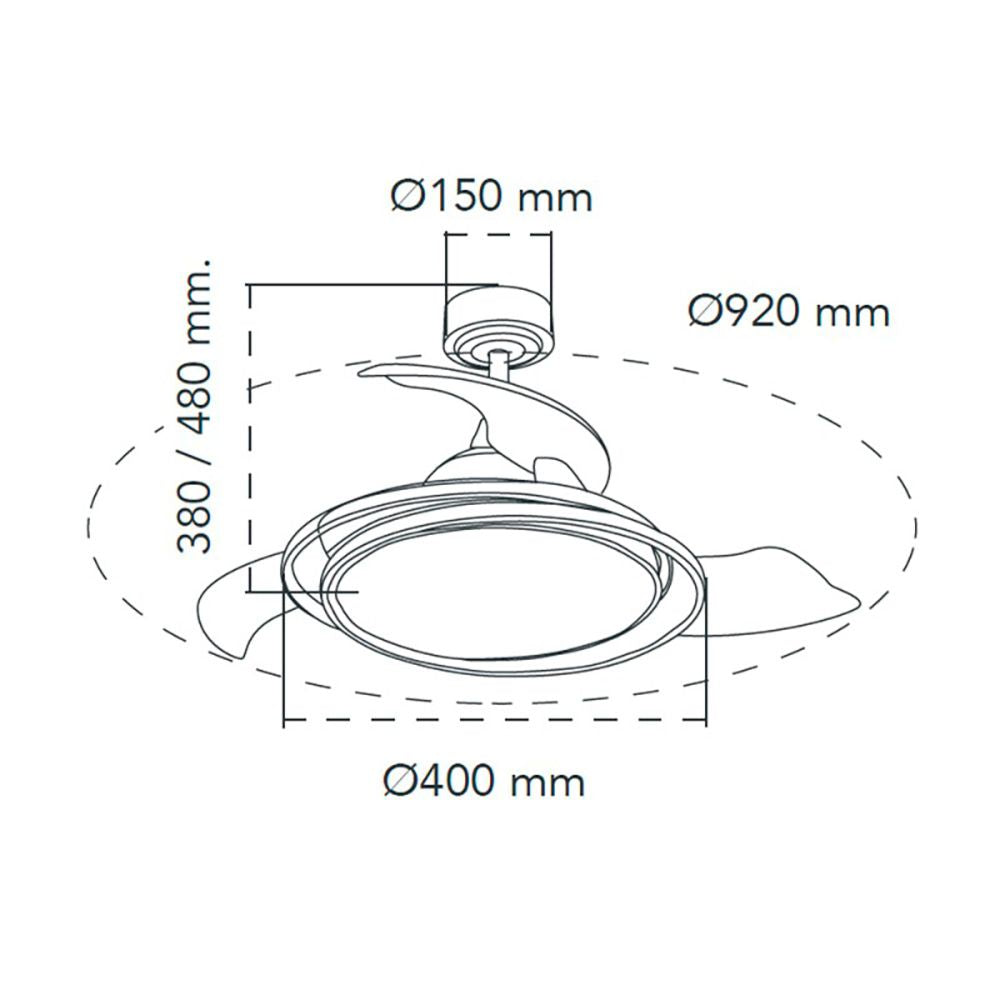 Ventilador de techo led 3cct aspas retráctiles antila mini 40 w 4000 lm plata, aspas ø92 cm, plafón ø40 cm, altura 38 - 48 cm