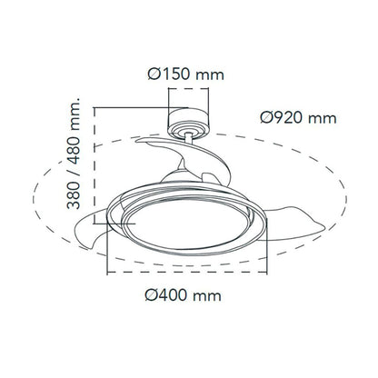 Ventilador de techo led 3cct aspas retráctiles antila mini 40 w 4000 lm plata, aspas ø92 cm, plafón ø40 cm, altura 38 - 48 cm