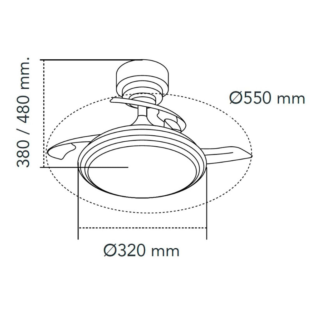 Ventilador de techo led 3cct aspas retráctiles antila mini xs 35 w 3000 lm negro, aspas ø55 cm, plafón ø32 cm, altura 38 - 48 cm