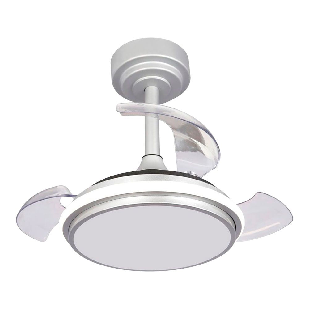 Ventilador de techo led 3cct aspas retráctiles antila mini xs 35 w 3000 lm plata, aspas ø55 cm, plafón ø32 cm, altura 38 - 48 cm