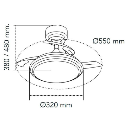 Ventilador de techo led 3cct aspas retráctiles antila mini xs 35 w 3000 lm plata, aspas ø55 cm, plafón ø32 cm, altura 38 - 48 cm