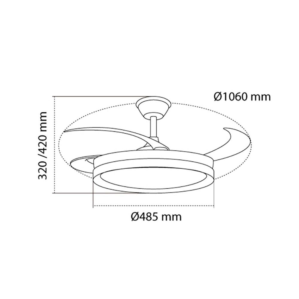 Ventilador de techo led 3cct aspas retráctiles evo smart 72 w 7920 lm blanco, aspas ø106 cm, plafón ø48,5 cm, altura 32 - 42 cm