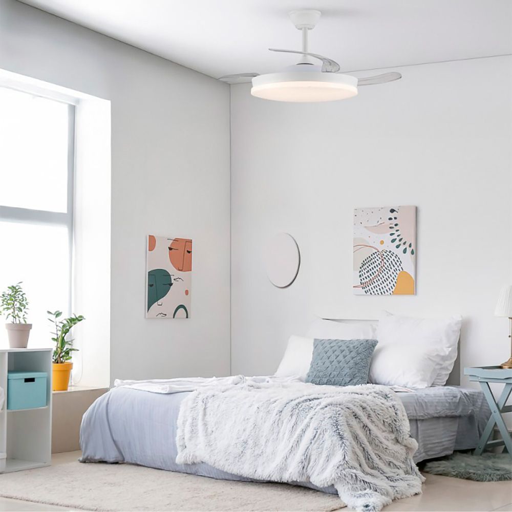 Ventilador de techo led 3cct aspas retráctiles stars evo smart 72 w 7920 lm blanco, aspas ø106 cm, plafón ø48,5 cm, altura 34 - 44 cm