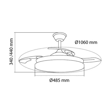 Ventilador de techo led 3cct aspas retráctiles stars evo smart 72 w 7920 lm blanco, aspas ø106 cm, plafón ø48,5 cm, altura 34 - 44 cm