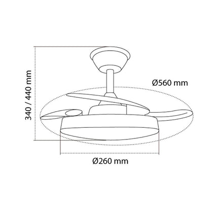 Ventilador de techo led 3cct aspas retráctiles hornet 32 w 3195 lm blanco, aspas ø56 cm, plafón ø26 cm, altura 34 - 44 cm