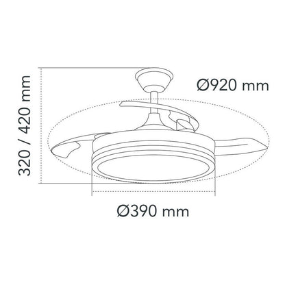 Ventilador techo, led 3cct, aspas retráctiles, milky s eco, 39 w, 3822 lm, blanco, ø92 cm, plafón ø39 cm, altura 32 - 42 cm