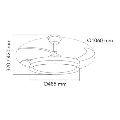 Ventilador techo, led 3cct, aspas retráctiles, milky m eco, 45 w, 4400 lm, blanco, ø106 cm, plafón ø48 cm, altura 32 - 42 cm