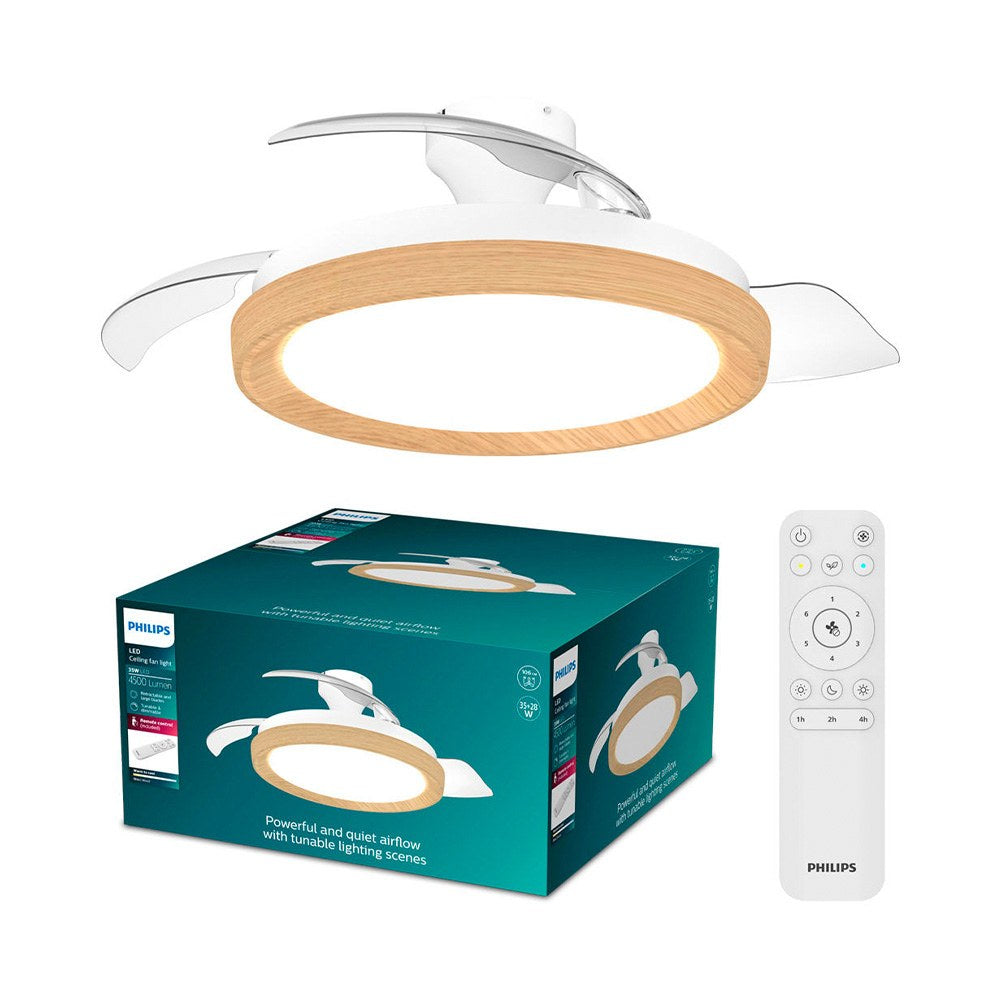 Ventilador de techo con aspas retráctiles, led 3 cct, dc 28 w + 35 w, modelo bliss, blanco / dorado, ø106 cm