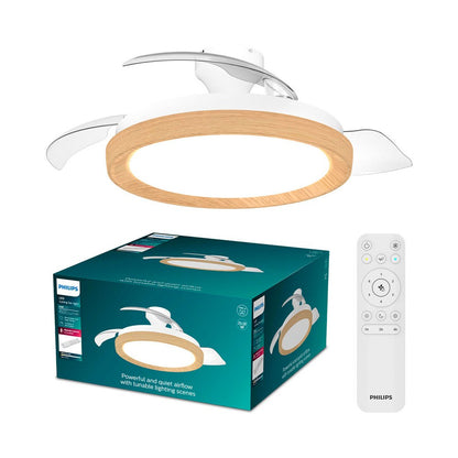 Ventilador de techo con aspas retráctiles, led 3 cct, dc 28 w + 35 w, modelo bliss, blanco / dorado, ø106 cm