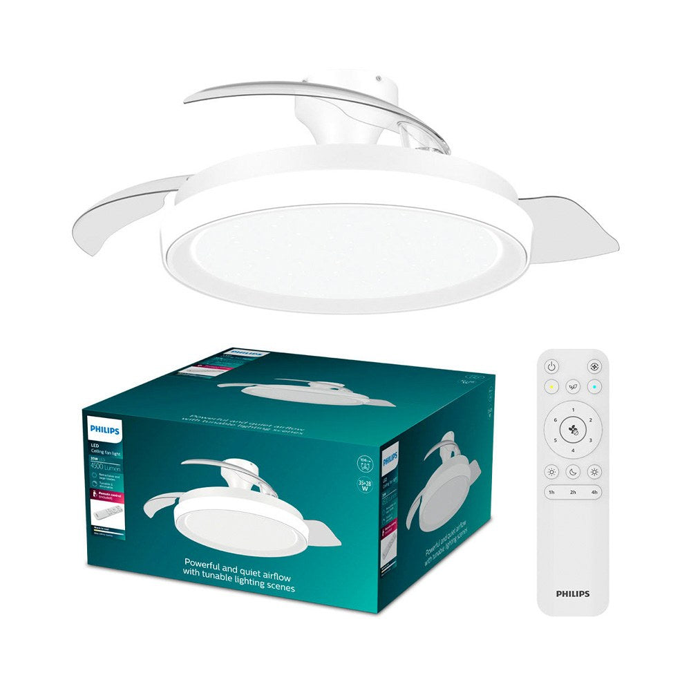 Ventilador de techo con aspas retráctiles, led 3 cct, motor dc 28 w + led 35 w, modelo bliss, blanco / estrellado, ø106 cm