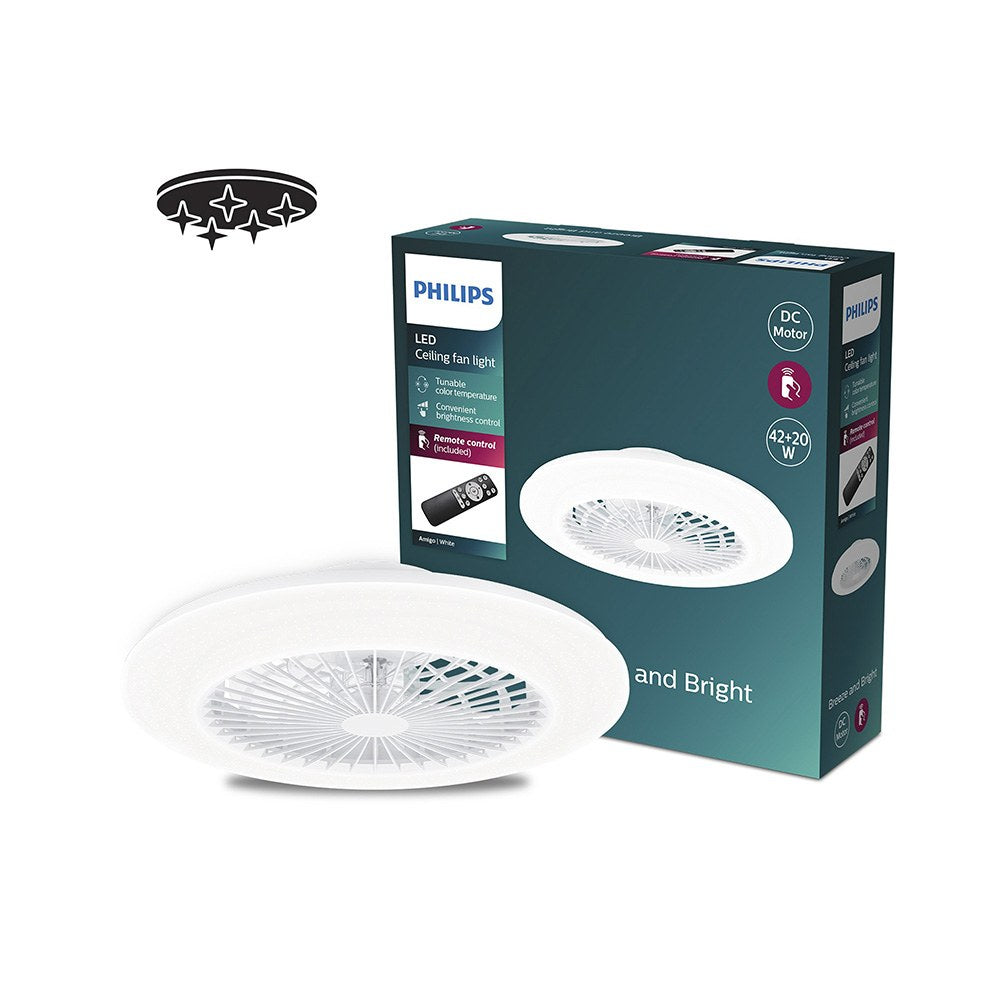 Ventilador de techo, led 3cct, dc 20 w + 42 w, modelo amigo, blanco con difusor efecto estrellado, ø48,5 cm