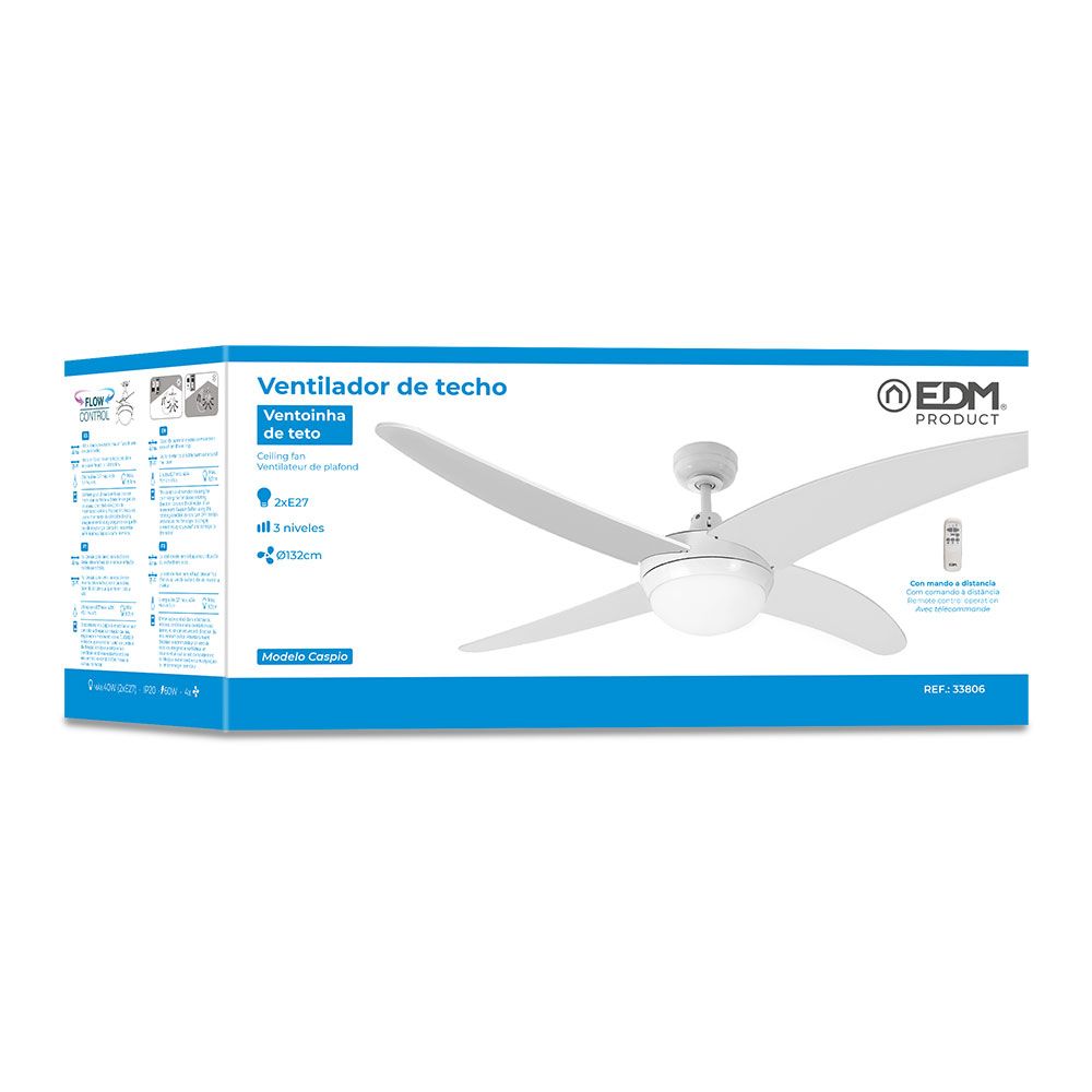 Ventilador de techo modelo caspio. color blanco. potencia: 60w aspas: ø132cm con mando a distancia edm