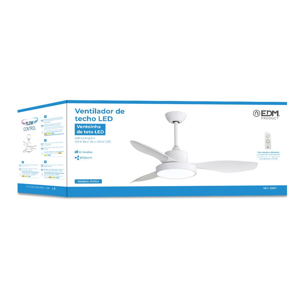 Ventilador de techo modelo ártico. color blanco 120 cm 38w + luz 22w 2.160lm 3.000k - 4.000k - 5.000k