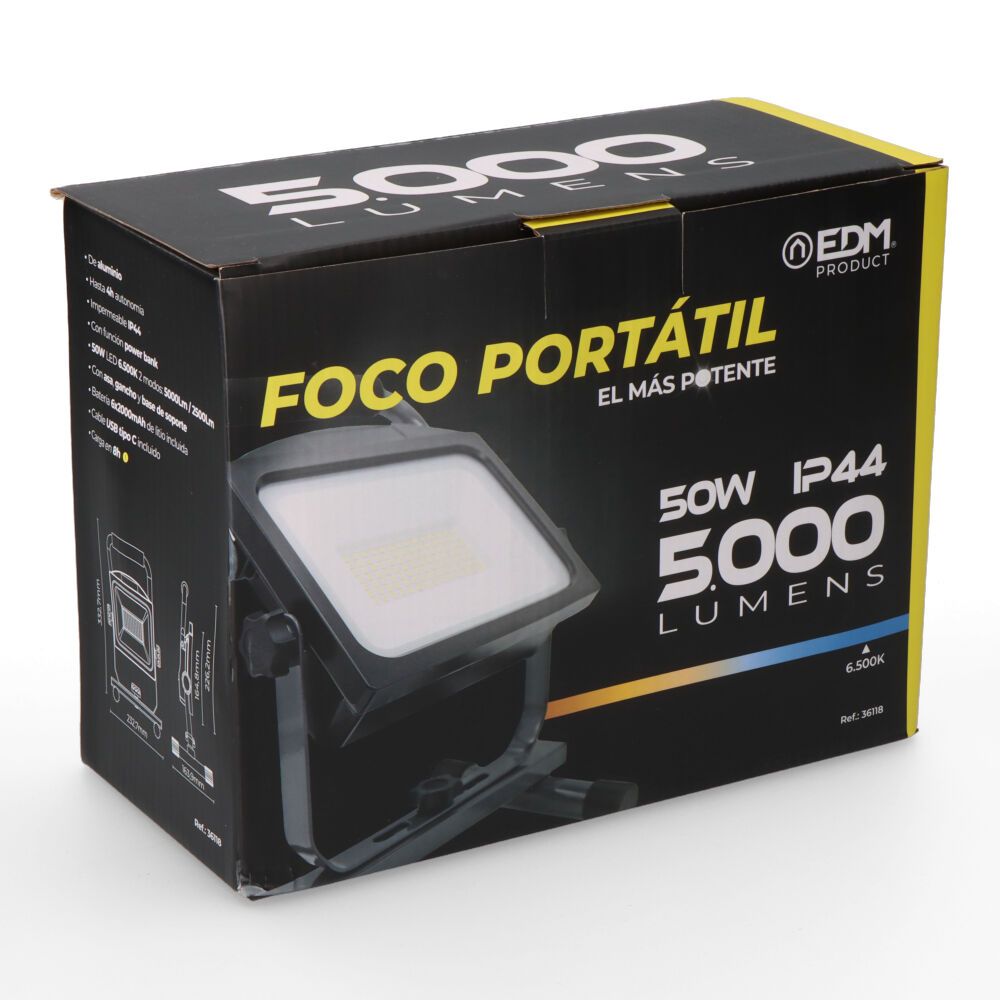 Foco / proyector led recargable 50 w 5000 lm 6500 k