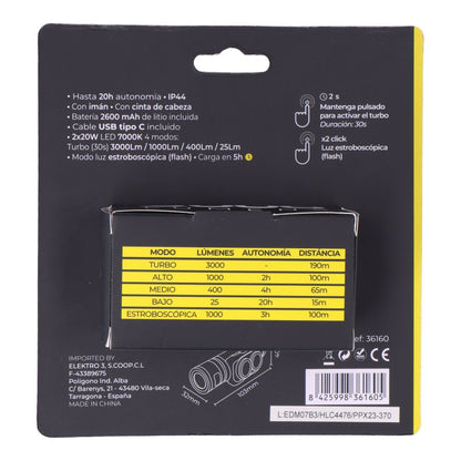 Linterna led frontal thunder track 3000 lm, recargable