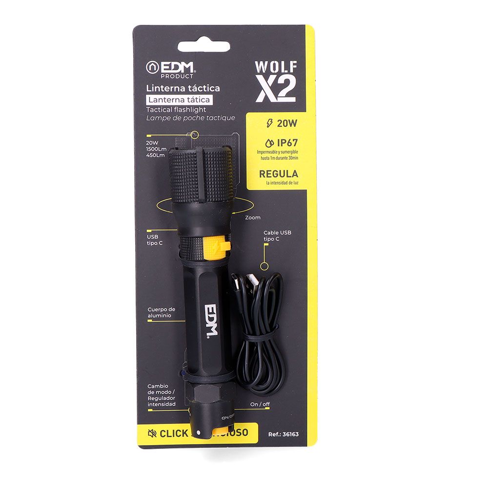Linterna led táctica wolf x2 recargable 1500 lm / 450 lm, ip67 - ø4,0 x 17,8 cm