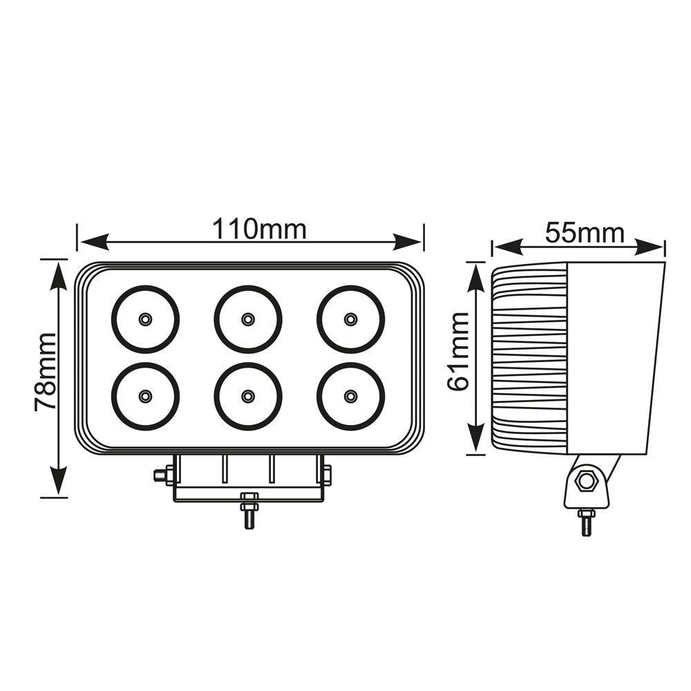 Faro de trabajo rectangular 6 led - 1200 lm - 18w - 10 - 30v